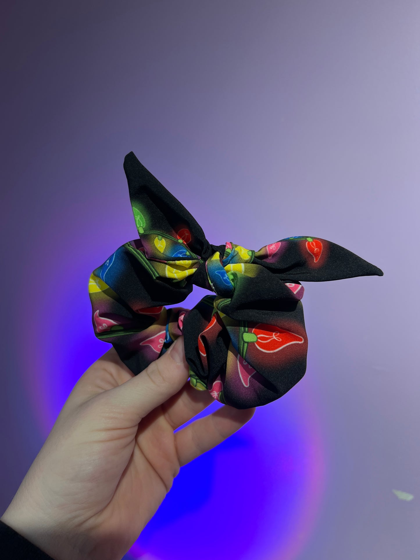 Black Holiday Lights Scrunchie w/ Removable Bow